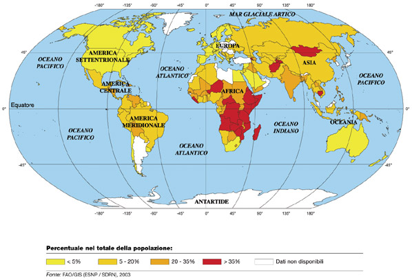 La mappa della fame nel mondo-Le proporzioni delle persone sottonutrite (1998-2000)